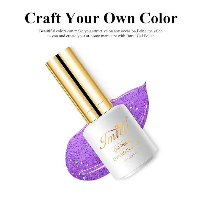 Imtiti Glitter Gel Nail Polish - 0.5 Fl Oz Lavender Purple Soak Off LED UV Manicure Kit for Women Girls - DIY Nail Art Starter