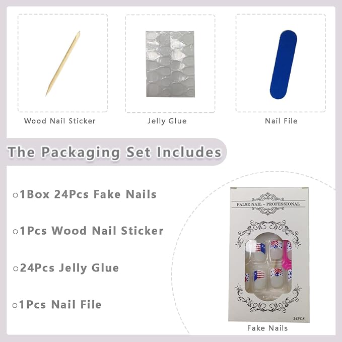 24Pcs Independence Day Press on Nails, Short Square, French Tip, USA Heart Flags Design, White Glitter, Reusable Stick on Nails for Women