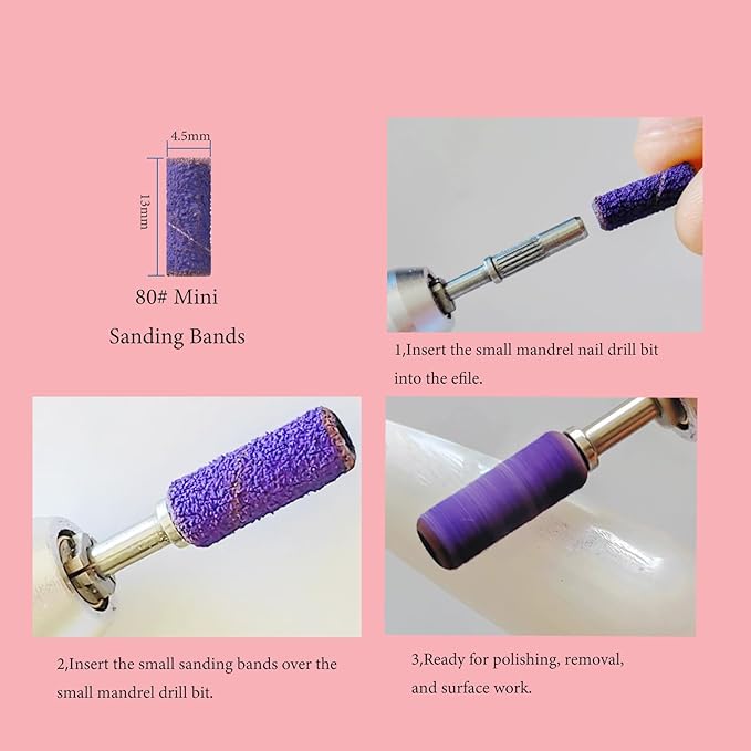 100pcs Small Nail Sanding Bands for Nail Drill, 3.1mm Mini Nail Sanding Mandrel Bits 80 Grit Coarse Nail File Bits for Acrylic Nails Gel Manicure Pedicure Nail Prep Salon Supplies,Purple