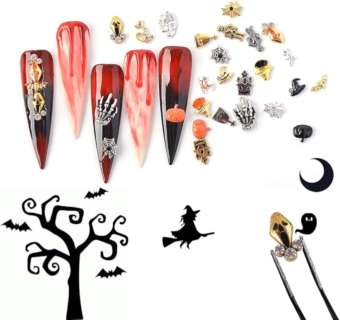 Halloween Nail Charms - 24 Styles/Box Metallic Nail Studs & Rhinestones DIY Decorations