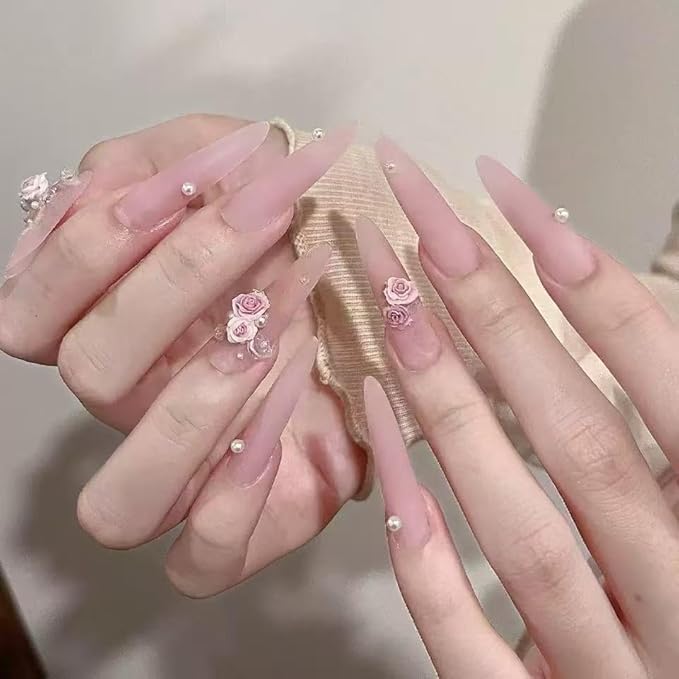24PCS Long Stiletto Press On Nails-Matte Nude Pink Fake Nails with 3D Resin Rose Flower & Pwarl Acctents, Reusable Artifical Nail Tips for Women,Perfect for Wedding,Prom&Romantic Occasions