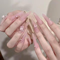 24PCS Long Stiletto Press On Nails-Matte Nude Pink Fake Nails with 3D Resin Rose Flower & Pwarl Acctents, Reusable Artifical Nail Tips for Women,Perfect for Wedding,Prom&Romantic Occasions