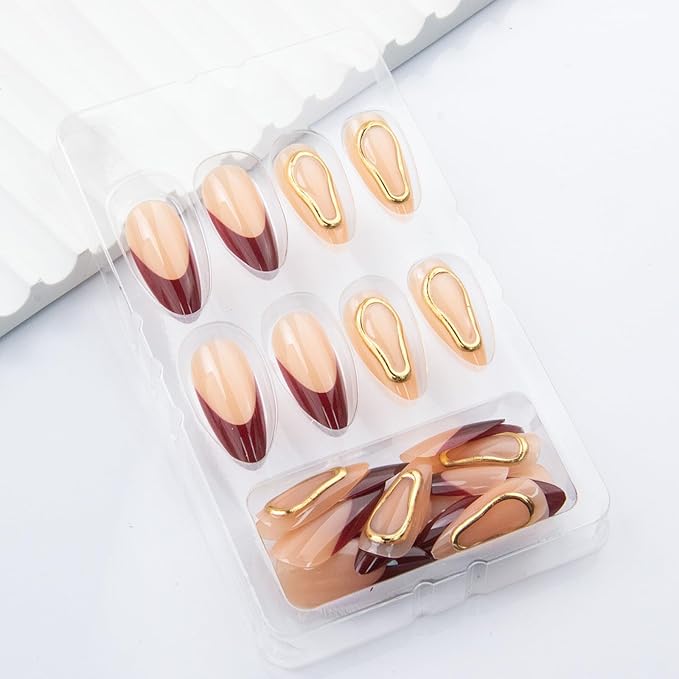 Red French Tip Press on Nails Medium Almond Fake Nails Gold Embossed Irregular Geometric False Nails Wine Red French Acrylic Nails Glossy Glue on Nail for Women Manicure 24Pcs