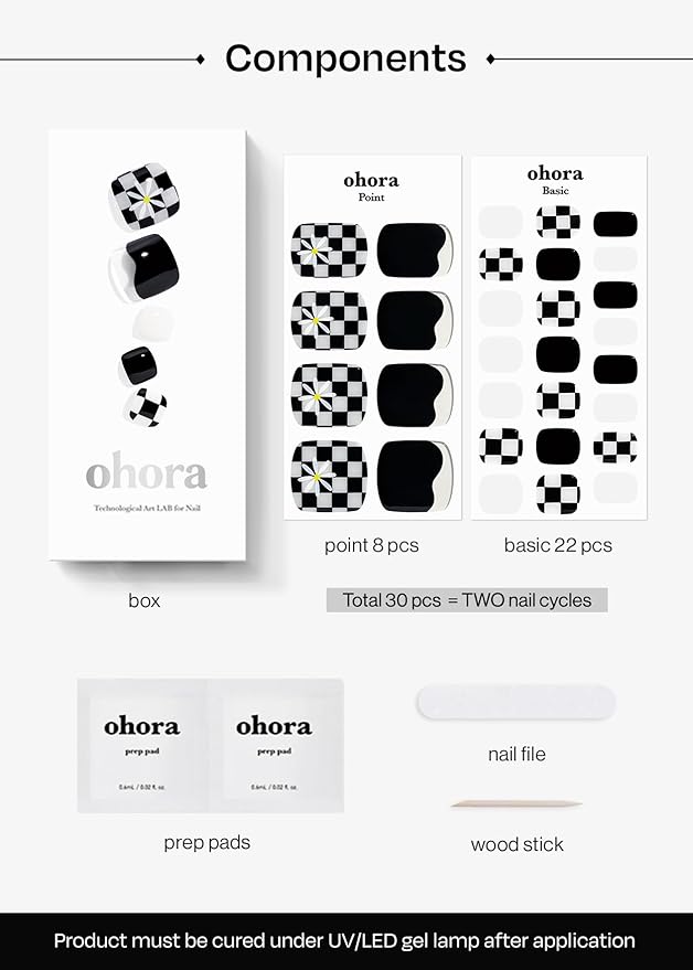 ohora Semi Cured Gel Pedi Strips (P Checkmate) - Black/White Works with Any UV/LED Lamps, Salon-Quality, Long Lasting, Easy to Apply & Remove - Includes 2 Prep Pads, Nail File & Wooden Stick