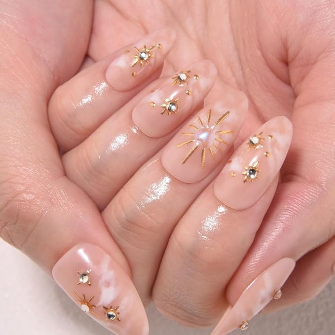 3D Nude Press on Nails Medium Almond with Bohemian Design, Nude Nail + Gold Star Glossy Stick on Nails for Women with Kit, Reusable Soft Gel Stick on Fake Nail with 3D Gold Stars Designs Perfectly Fit