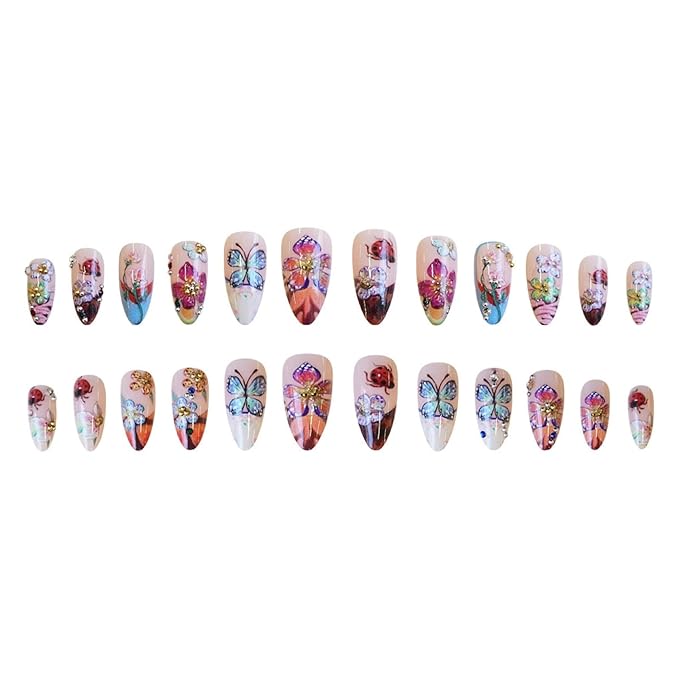 Long Press on Nails Almond Fake Nails French False Nails Flowers Artificial Nails with 3D Floral and Futterfly Designs Glossy Hanmade NailsColorful Stick on Nails for Women 24pcs