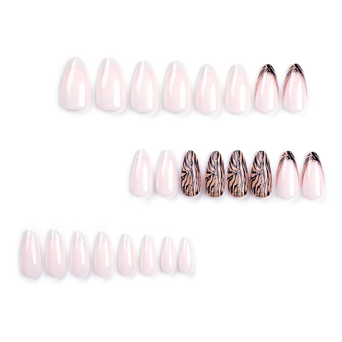 Almond Press on Nails Medium Fake Nails with Designs White French Tip False Nails Press ons Glitter Line Zebra Print Glossy Acrylic Glue on Nails Full Cover Artificial Stick on for Women Supplies