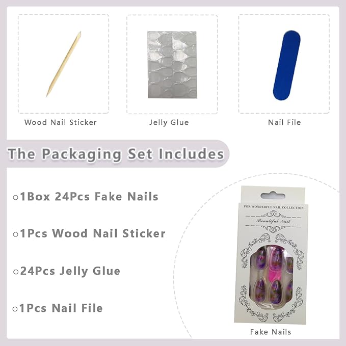 24Pcs Almond Press-On False Nails with Pink Lotus Flower Design, Glossy Purple Gradient Acrylic Artificial Nails for Women Manicure Salon