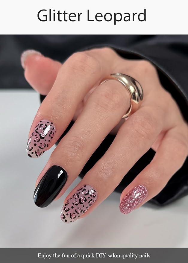 Semi Cured Gel Nail Strips (Glitter Leopard), Purple, 20 Pcs Gel Nail Wraps, Stickers, Salon Quality, Long Lasting, Works with Any UV Lamps