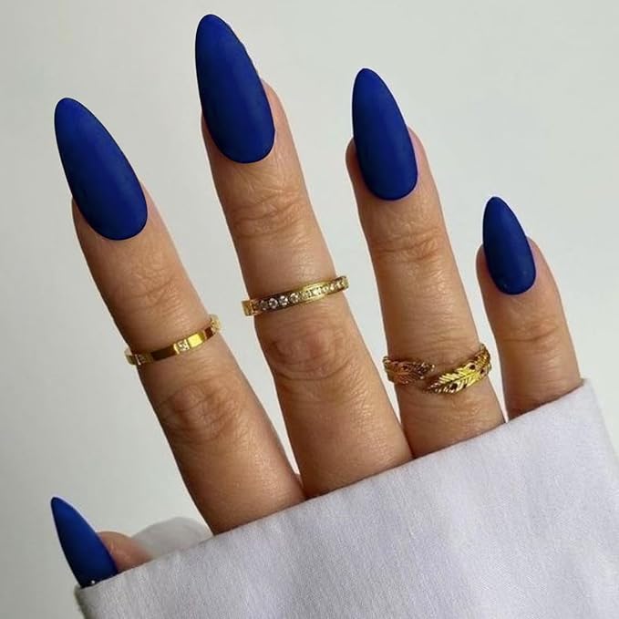 Matte Royal Blue Press on Nails Almond Shaped Medium Almond Nails Press on Neutral Acrylic Nails Reusable Fake Nails for Women, Glue on Nails Medium Length Stiletto False Nails Gel Artificial Nails