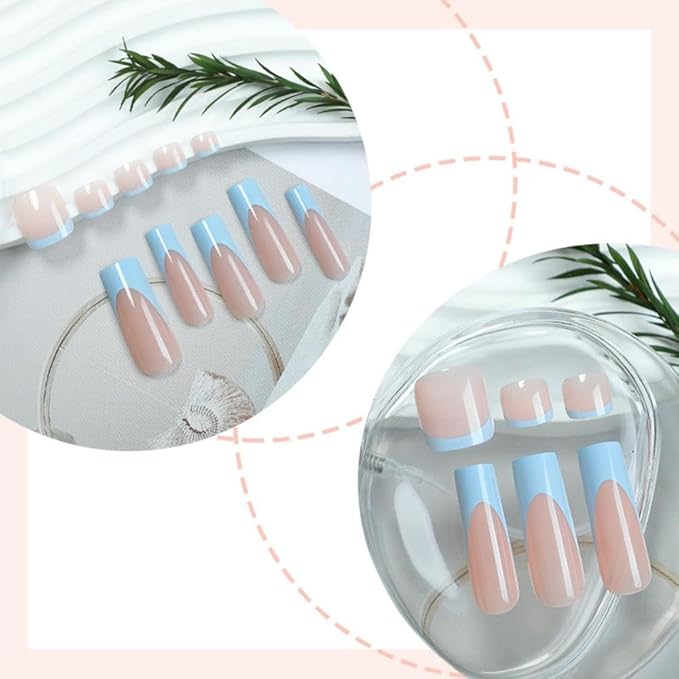 48Pcs Blue French Tips Press on Nails Nude Pink Press on Toenails Medium Long Square Stick on Nails with Designs Full Cover Pink Fake Nails Glossy Summer False Toenails for Women Girls DIY Manicure