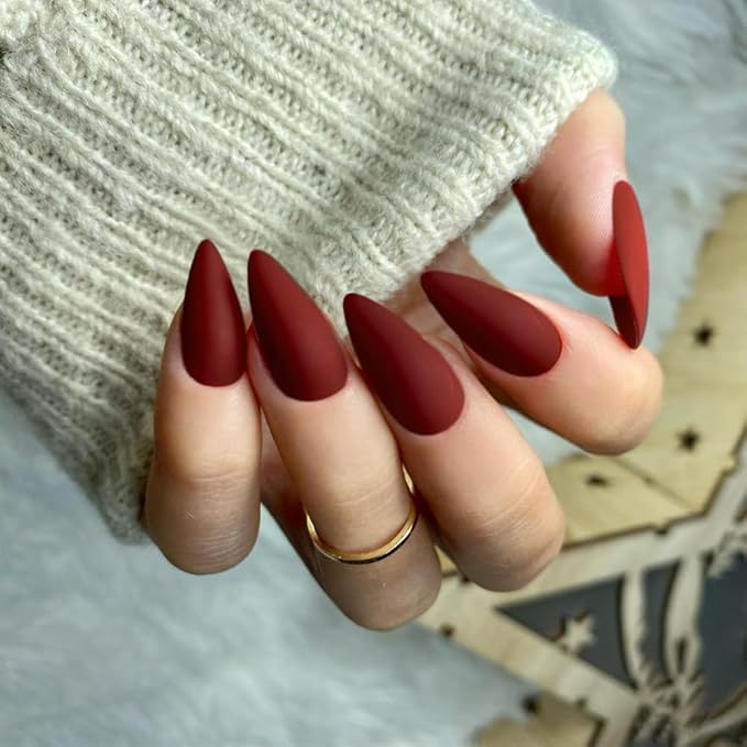 Matte Red Press on Nails Almond Shaped 48Pcs Neutral Fake Nails for Women, Medium Almond Nails Press on Reusable Acrylic Nails Glue on Medium Length Stiletto False Nails Gel Artificial Nails
