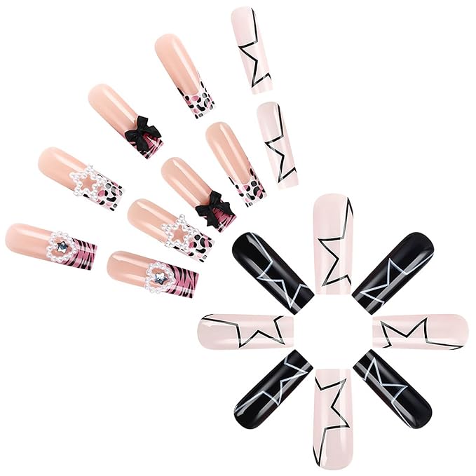 Long Press on Nails Square Pink French Tips Fake Nails with Star Charms Designs False Nails Press ons Glossy Glue on Acrylic Nails Black Full Cover Y2K Stick on Nail for Women Girls 24Pcs