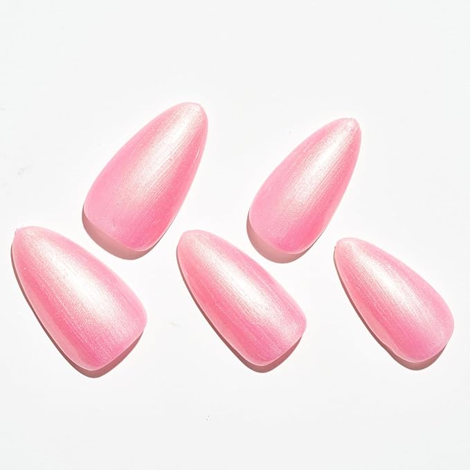 GLAMERMAID Pink Press on Nails Medium Almond, Handmade Glitter Shimmer Neutral Jelly Chrome Gel Glue on Nail Stiletto, Glossy Fake Nails Short Oval，Reusable Acrylic Stick on False Nail Kits for Women