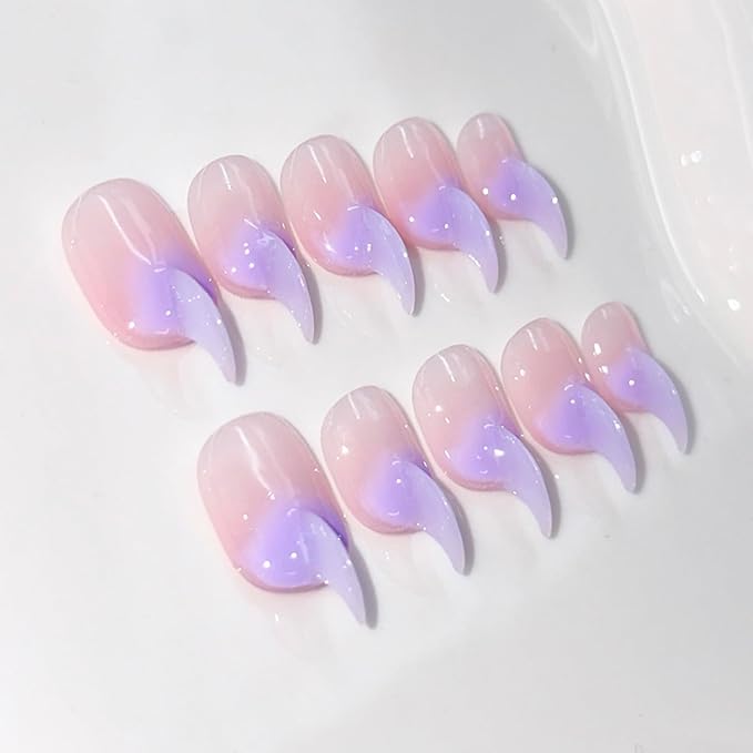 10 Pcs Curved Press on Nails Stiletto Medium Cat Claw Handmade Nails Press Ons Unique 3D Purple French Tip Cat Claw False Nails Thick Gradient Designs Stick on Nail Reusable Glossy Acrylic Nail (S)