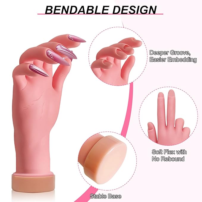1Pcs Silicone Practice Hand for Nail Training with 48 Adhesive Tabs, Fake Hand for Acrylic Nails, Flexible Reusable Mannequin Hand Model for Gel Polish, Manicure and Nail Art Practice
