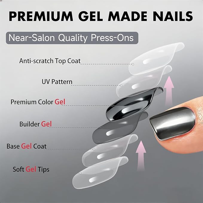 Chrome Press on Nails Short Square, Metallic Smoky Gray Fake Nails with a Sparkle Mirror Finish, Glitter Glue on Nails for Women Birthday Party, Thick Quality Soft Gel Nail Press ons 30 Pcs
