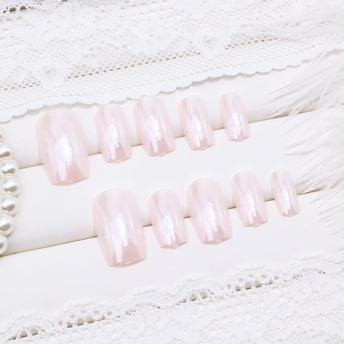24Pcs Pink Press on Nails Short Square Fake Nails Aurora Pink Chrome Glue on Nails Solid Color Artificial Acrylic Nails Glossy Full Cover False Nails Reusable Stick on Nails for Women Daily Manicure