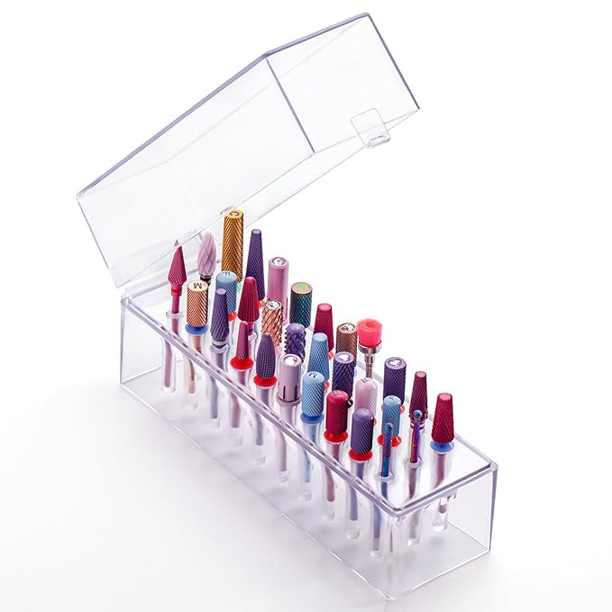 MelodySusie Nail Drill Bits Holder, 30 Holes Case, Portable Dustproof Displayer Organizer Container, Nail Tech Professional Nail Art Tool, Travel Salon Home, Clear (Drill Bits Not Included)