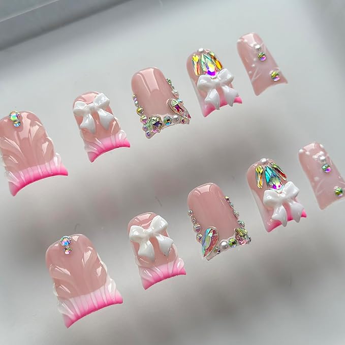 Luxury Press on Nails Short Duck Handmade 3D Unique Reusable ABS Material Fake Nails Pink French Tip False Nails with Designs Bow Rhinestones Glossy Glue on Nail Thick Acrylic Nail(M)