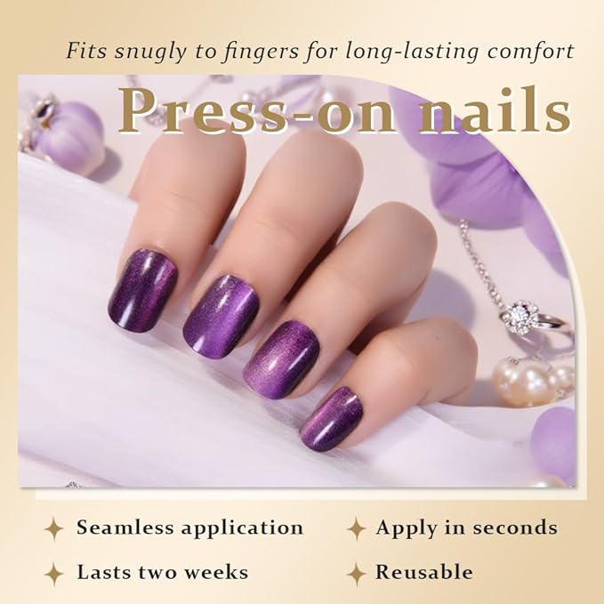 Cat Eye Purple Press On Nails Short Square, Designer Reusable Acrylic Fake Nails with Glue, Glossy Soft Gel Nails Wedding and Party, Stick On Glue On Nails, Nails Press Ons fro Women