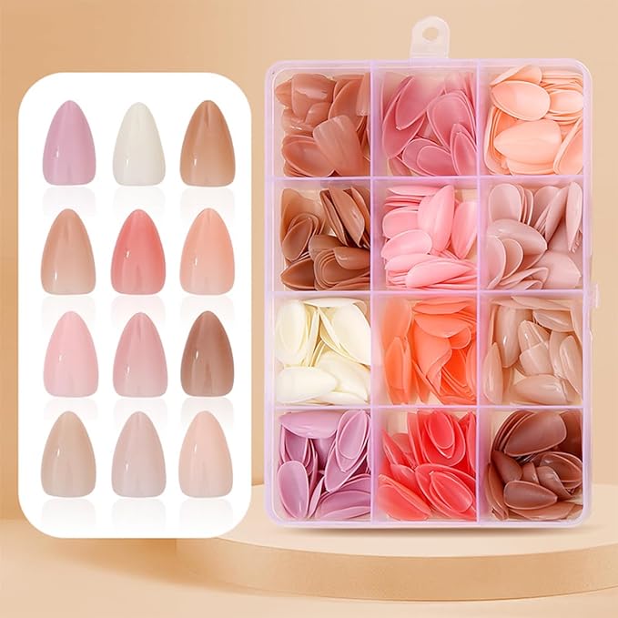 360 Pcs Press On Nails Short Almond Fake Nails Press Ons Set Full Cover Nude Pink Acrylic Glue on Nails Reusable Glossy Artificial Nail Kit False Nails for Women Manicure 12 Color