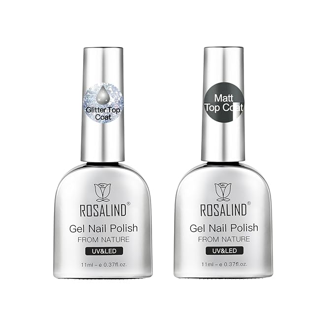 ROSALIND 2PCS Top Coat Gel Nail Polish Set, 11ml Glitter and Matte Gel Top Coat,Glitter Gel Polish Glossy Sparkle Finish Long Lasting Soak Off Pearlescent Shimmer Manicure Nail Art for Women