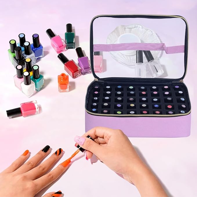 Small Clear Nail Polish Organizer Case Holds 40 Bottles(15ml-0.5fl.oz) Multifunctional Nail Polish Bag, Cosmetic Travel Makeup Bags for Women, Pink