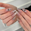 Flower Press on Nails Medium Almond Fake Nails French Tip False Nails Glossy Nails Press Ons with Rhinestones Design Silver Glitter Glue on Nail DIY Acrylic Stick on Nail for Women Decorations 24Pcs