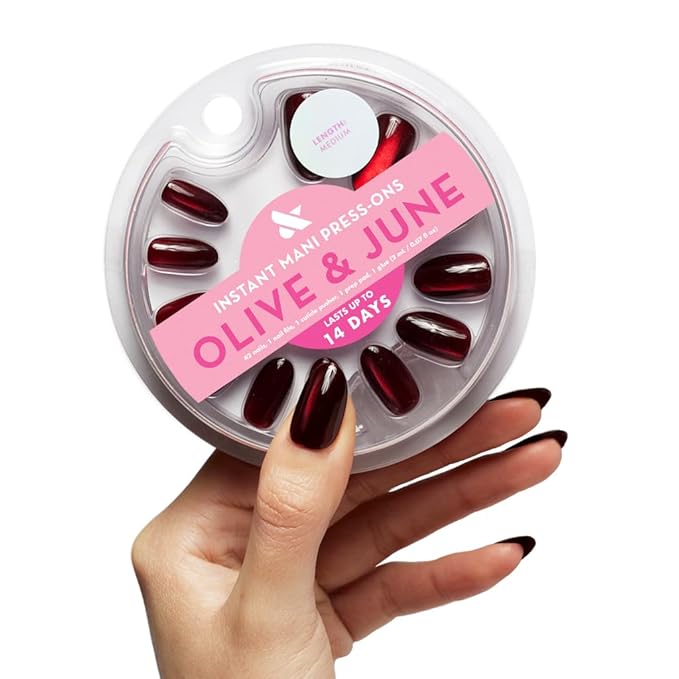 Olive & June Instant Mani Press-On Nails (Glue) | 42 Fake Nails, 21 Sizes | Non-Toxic, Long-Lasting Recycled Materials Realistic Look | Salon-Quality at Home | Medium, Oval | Obsessed Velvet