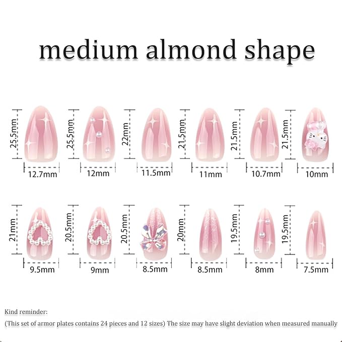 24Pcs Pink Press on Nails Medium Almond Fake Nails Charms Pearl Design French Nails 3D Bow Heart False Nails Tips Cute Star Stick on Nails Full Cover Artificial Acrylic Nails for Women Decor