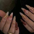 Flower Fake Nails Long Almond Press on Nails Gold Line False Nails Glossy Nails press Ons with Gold Rhinestones Design Acrylic Stick on Nail Reusable Stick on Nail for Women Decorations Set 24Pcs