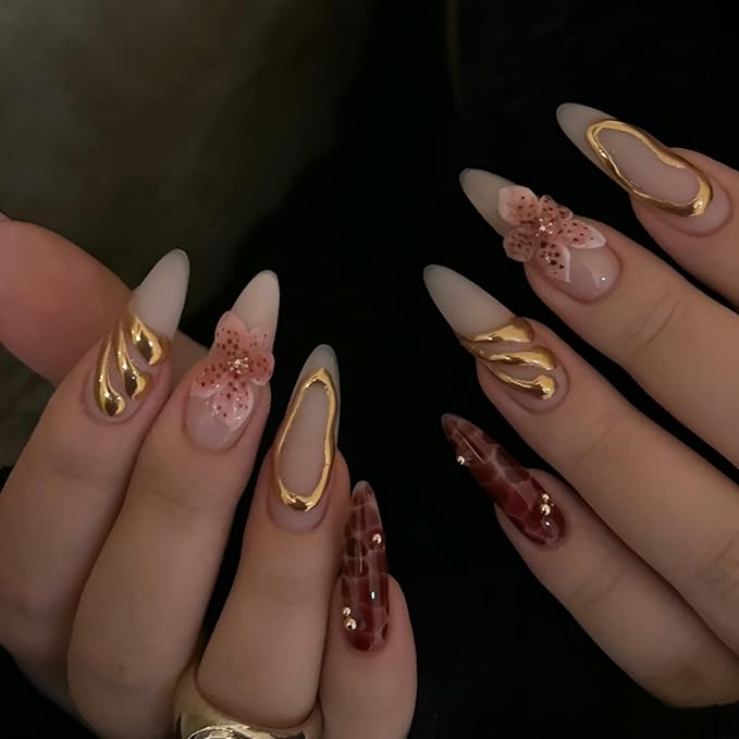 Flower Fake Nails Long Almond Press on Nails Gold Line False Nails Glossy Nails press Ons with Gold Rhinestones Design Acrylic Stick on Nail Reusable Stick on Nail for Women Decorations Set 24Pcs
