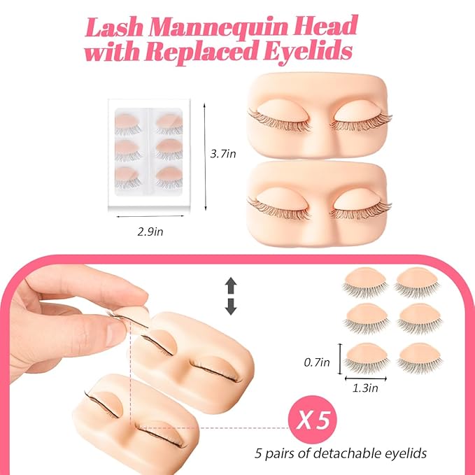 Lash Extension Kit for Beginners Lash Mannequin Head with Replaced Eyelids False Eyelashes Practice Eyelash Strips Facial Mister Tweezers Glue USB Fan Professional Set