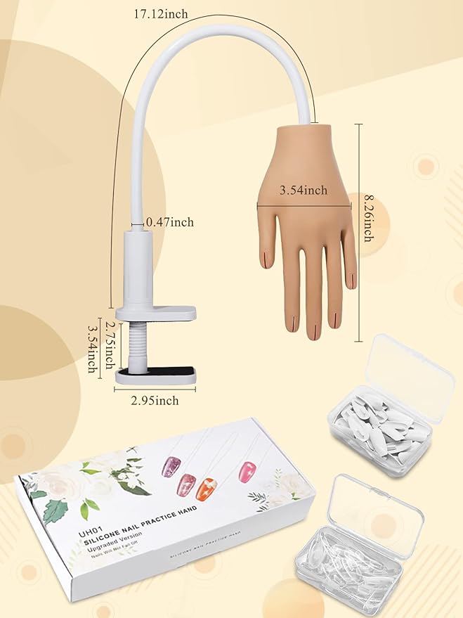 Practice Hand for Acrylic Nails- Silicone Nail Hand Practice Upgrade Nail Tips Never Fall Off, Fake Nail Manican Hand for Nail Practice, Flexible Practice Maniquin Hand with 200PCS Nail Tips