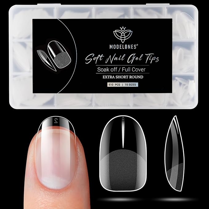 Modelones Extra Short Oval Round Nail Tips - 510Pcs Soft Fake Nails Tips Gel Pre-shaped Half Matte Full Cover No Filed False Extension Manicure Salon DIY at Home 15 Sizes
