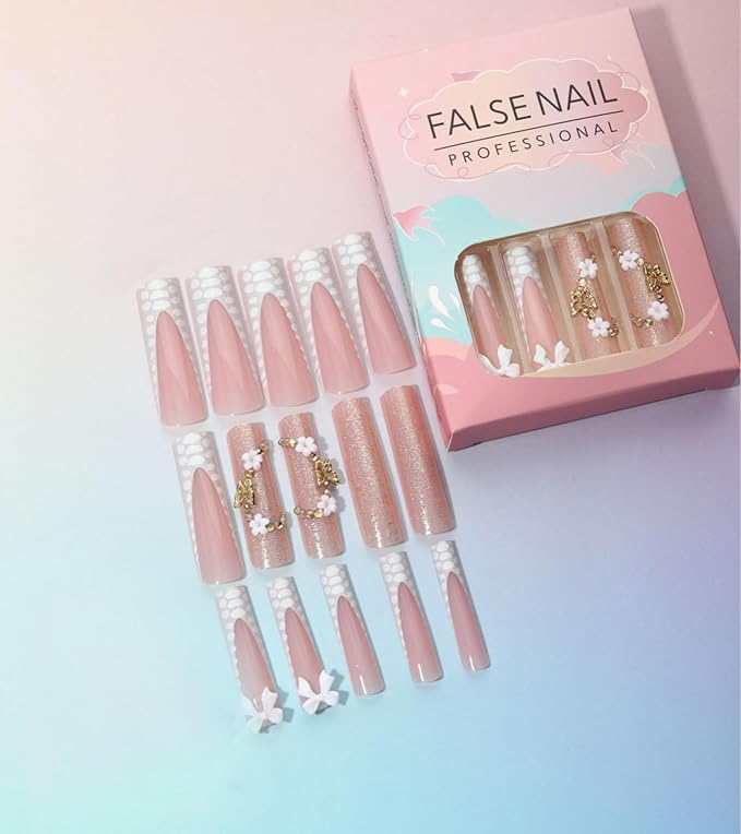 Press on Nails Square - Extra Long Fake Nails with 3D Flowers and Bows, White French Tips Pink False Nail with Glue Sticker, Stick On Nails for Women, 12 Sizes - 24 Nail Kit, Gilded Accents