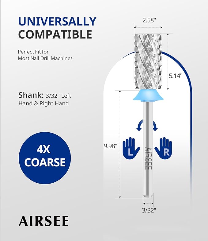 AIRSEE Tungsten Carbide Acrylic Nail Drill Bit Efile Electric File Machine Head Tip for Manicure Polishing Art Remove Gel 3/32" 2 Way Professional Tech Flat Top Cylinder Barrel 4X Coarse-4XC