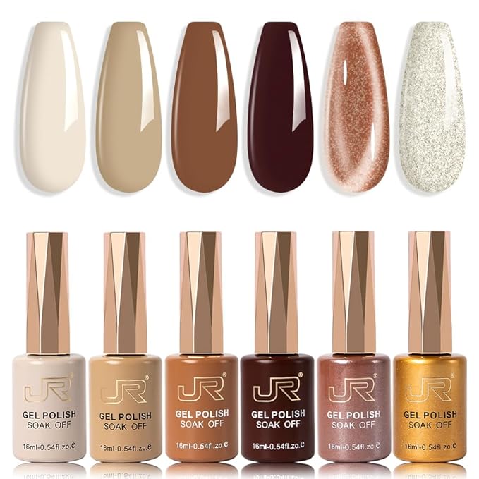 JR Light Brown Gel Nail Polish Set, 16ml Full Size Bottle 6 Colors Brown 9D Cateye Glitter Nail Gel Polish Gift Soak Off Led Nail Art Kit Salon DIY Colorful Bottle G