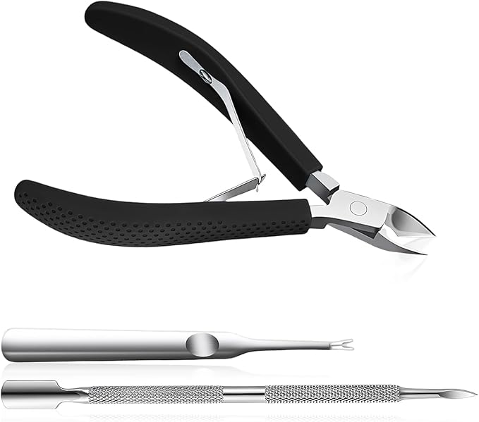 Fine Edge Cuticle Trimmer & Nippers, Scissors, Silicone Handle Nail Tools for Precise Removal, Durable Washable Cuticle Cutter & Remover & Pusher Nail Clippers (Black+Pusher 1Set)