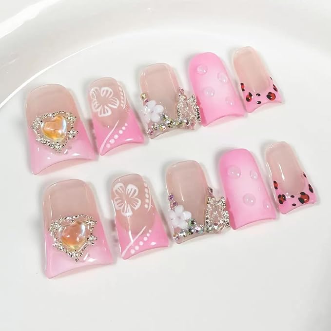 10Pcs Duck-shaped Handmade Press On Nails | French Style with 3D Floral & Rhinestone Decor | Easy to Apply, Remove & Reusable, Salon - Quality (251201, M)