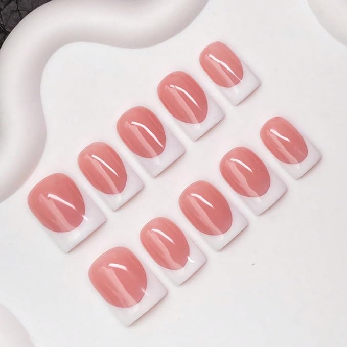 Handmade Press on Nails Solid Color Fake Nails Short Square White French Tip False Nail with Designs Muti-Layer Gel Thicked Acrylic Nails Full Cover Salon Quality Stick on Nail Kit for Women (S)