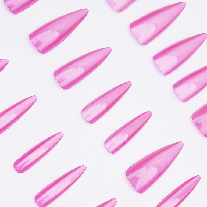 MISUD Press on Nails - Long Stiletto Fake Nails, Acrylic Summer Pink Cat Eye Design 24 pcs
