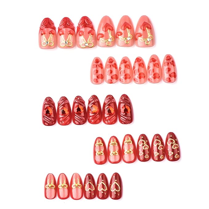 Valentines Press on Nails Medium Almond Fake Nails Heart Nails Press Ons French Tip Glue on Nail Gold Bow False Nails Glossy Full Cover Stick on Nail for Women and Girls Decoration Set 30Pcs