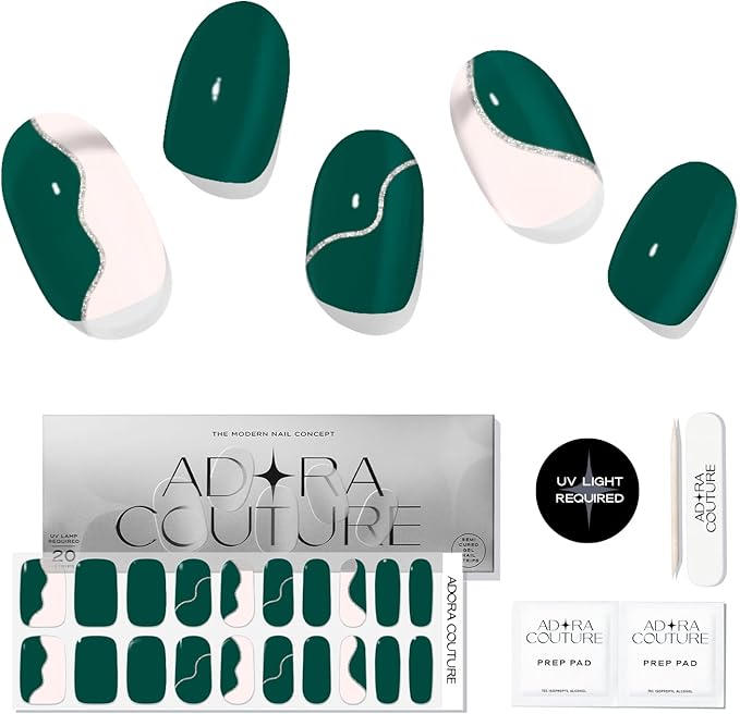 Semi-Cured Gel Nail Strips - 20 Salon-Quality Gel Sticker with UV Light Required, Long Lasting, Easy Application & Removal, Includes Prep Pad, Nail File, Wooden Stick (Green Dream)