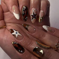 Press on Nails Medium - Almond Fake Nails with Star Design - Brown Full Cover Stick on False Nails - for Women Fall Manicure 24 Pcs