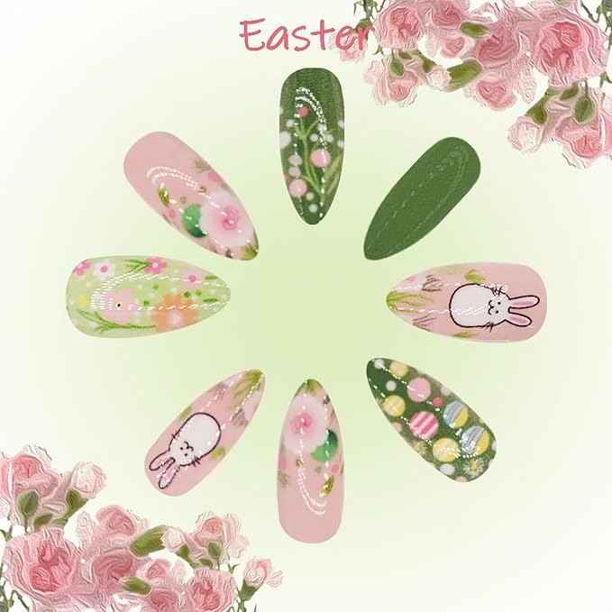 Easter Rabbit Fake Nails Full Cover Colorful Flower Acrylic Nails False Nails with Easter Bunny Eggs Design Green Easter Press on Nail Medium Almond Glossy Stick on Nails for Women Nail Art DIY 24 Pcs