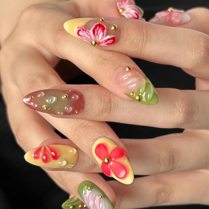 10 Pcs Handmade Press on Nails Medium Almond Fake Nails French Tip False Nails with 3D Floral Design Summer Thick Acrylic Nails Press ons Reusable False Nails for Women (L)