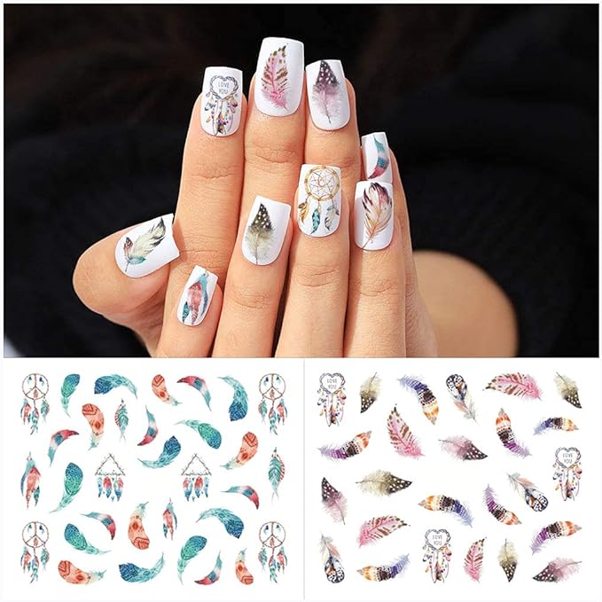 WOKOTO 44 Sheets Feather Nail Art Stickers - 3D Nail Decals with Flowers, Animals - Self-Adhesive Flower Nail Stickers for Women & Girls Acrylic Nails
