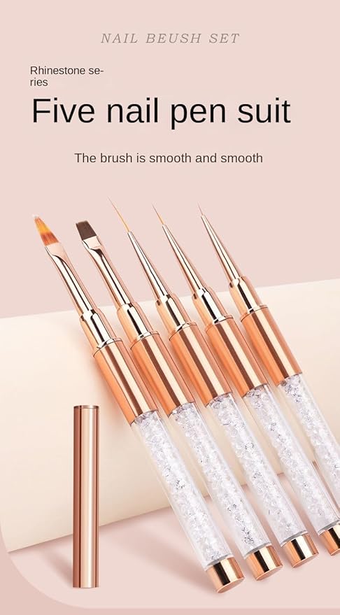 5Pcs Nail Art Brush Set with Rose Gold Rhinestone Handles - Professional Gel Polish, Liner & Drawing Brushes for Salon, DIY Manicure, Acrylic & UV Gel Nail Design liner brushes for nails(5 sticks)